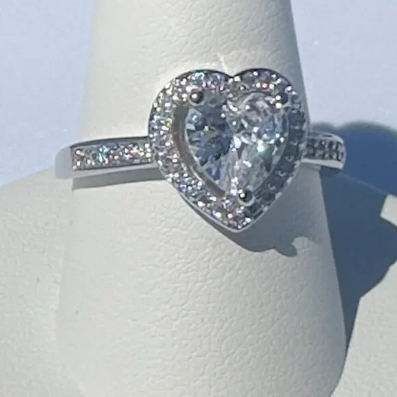 Silver Heart Cut Stone Ring with Pave Detailing Adjustable - Picture 9 of 14